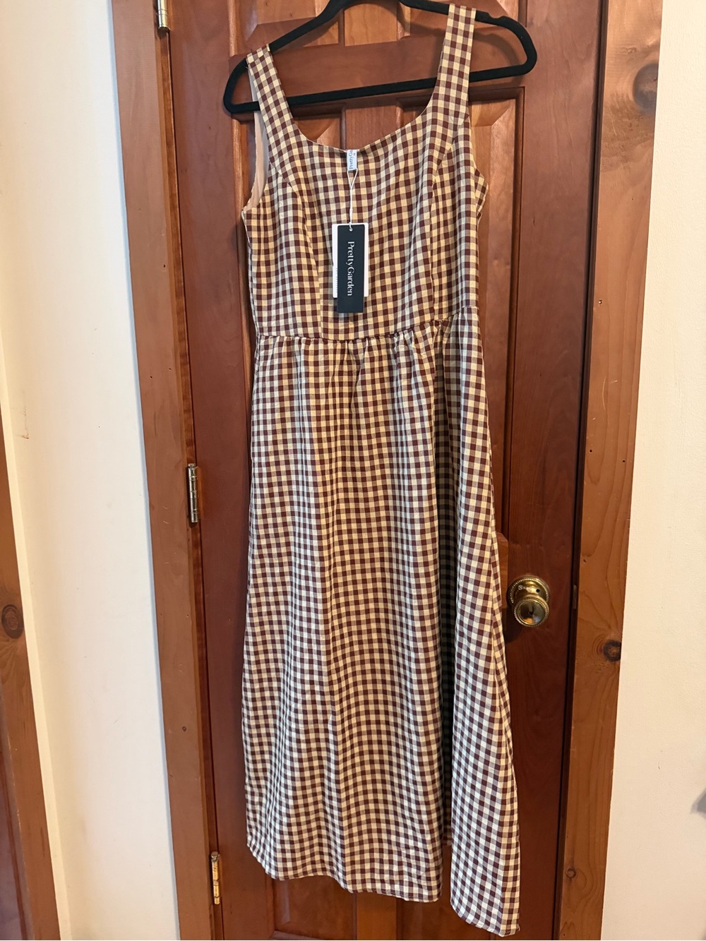 PrettyGarden Gingham Sleeveless Midi Dress in Brown and White